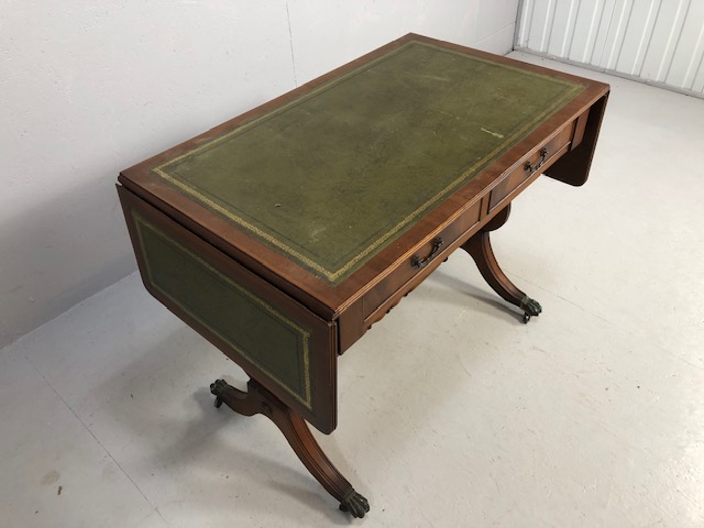 Reproduction regency style side table, leather insert top with drop down leaves supported at the - Image 3 of 9