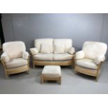 Ercol modern Blonde Ash 2 seater sofa, 2 arm chairs and foot stool cushions upholstered in cream