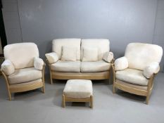 Ercol modern Blonde Ash 2 seater sofa, 2 arm chairs and foot stool cushions upholstered in cream
