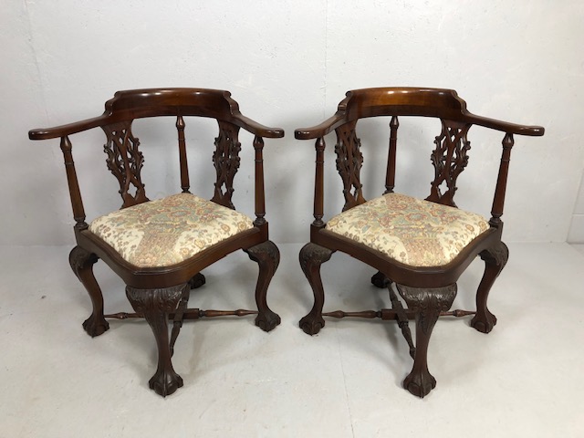 Antique reproduction furniture, pair of 18th century style mahogany corner chairs on ball and claw