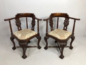 Antique reproduction furniture, pair of 18th century style mahogany corner chairs on ball and claw