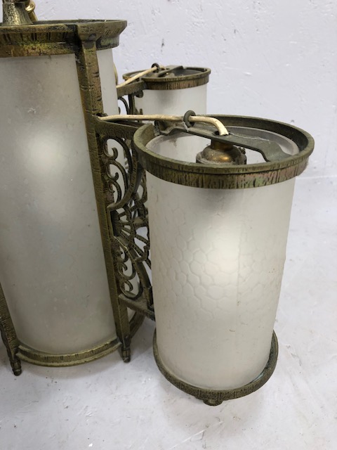 Antique and vintage lighting, 20th century quatrefoil cylinder pendant light, brass with opaque - Image 3 of 4