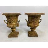 Pair of Wrought Iron Garden Urns with Lion finial handles, flared rims on square bases each approx
