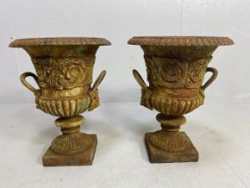 Pair of Wrought Iron Garden Urns with Lion finial handles, flared rims on square bases each approx