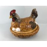 Vintage China, large decorative egg crock in the form of a chicken sat on a nest with eggs