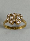 18ct yellow gold ring of 2 joined heart shaped cluster settings set with diamonds approximately 2.7g