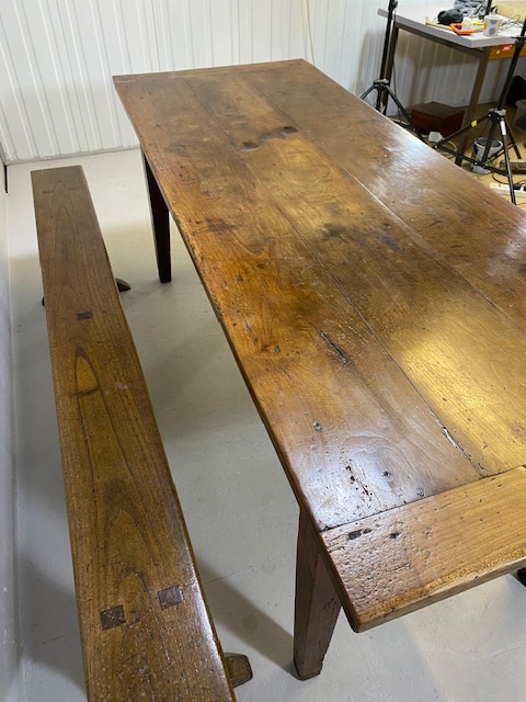 Early 19th century French Farmhouse Table of Three plank construction with Breadboard ends in Cherry - Image 10 of 19