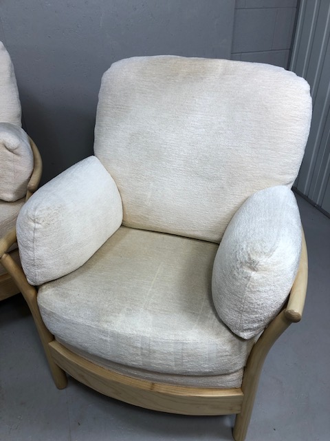 Ercol modern Blonde Ash 2 seater sofa, 2 arm chairs and foot stool cushions upholstered in cream - Image 2 of 11