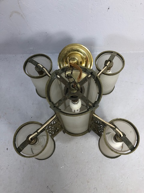 Antique and vintage lighting, 20th century quatrefoil cylinder pendant light, brass with opaque - Image 4 of 4