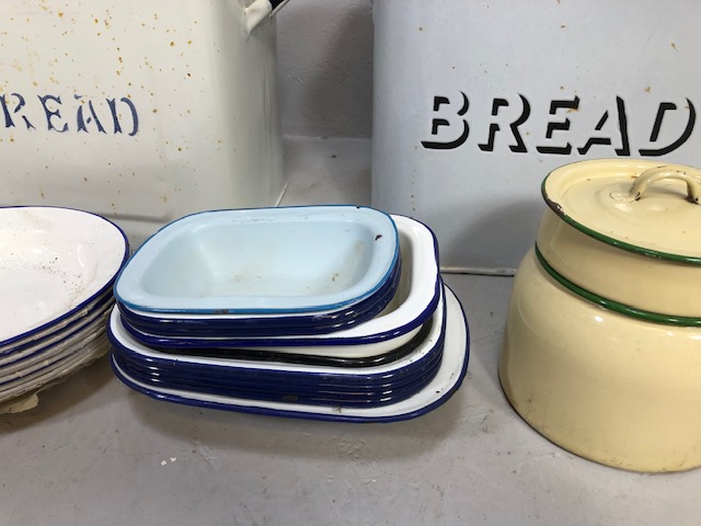 Kitchenalia, quantity of vintage white enamel kitchen items to include 2 bread pins qty of dishes - Image 3 of 6