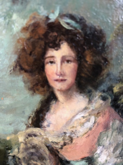 Paintings, 19th century style oil on canvas portrait of a lady sat in a country setting with - Image 4 of 7