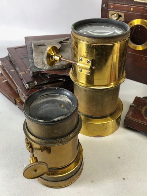 Antique Camera, mahogany and brass, plate glass camera parts including two lenses one marked Pioneer - Image 4 of 8