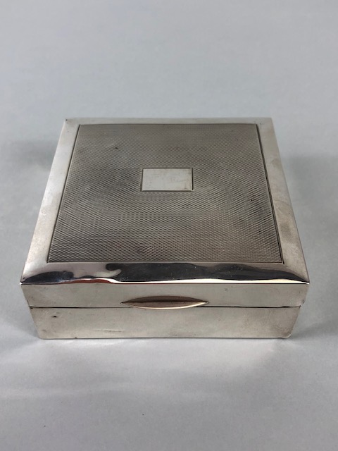 Silver English hall marked square wooden lined cigarette box of simple design approximately 8.5 x - Image 3 of 8