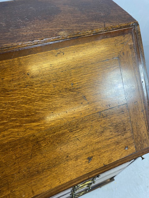 Oak Bureau with four drawers, fall front revealing pigeon holes and ornate key to lock approx 97 x - Image 9 of 14