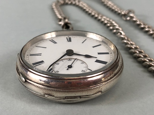 Silver, English Silver Hallmarked pocket watch with silver chain and pencil fob approximately 148.6g - Image 3 of 6