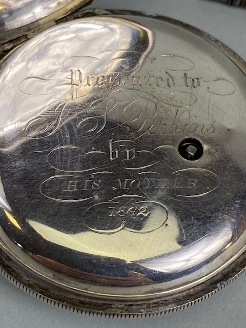 Antique silver hall marked full hunter dress pocket watch, silver face with Roman numerals and - Image 11 of 14