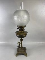 Antique Oil Lamp, Victorian Brass lamp reeded column and cherub base frosted and etched shade