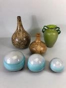 Decorative pottery and glass, Elvington pottery round flask bottle, crackle glaze vase, three