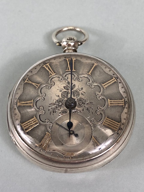 Silver hall marked Gents dress pocket watch , engine turned and engraved dial with gold roman