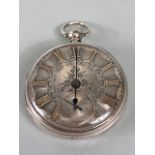 Silver hall marked Gents dress pocket watch , engine turned and engraved dial with gold roman