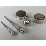 Silver Hallmarked pin box, silver top glass vanity pot, two button hooks and powder pot, five