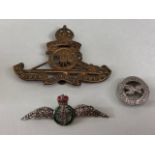 Militaria brooches and badges to include early 20th century RAF Sweetheart wings brooch and Royal