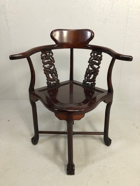 Antique reproduction furniture, faux rose wood Chinese colonial style corner chair with carved