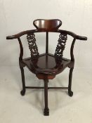 Antique reproduction furniture, faux rose wood Chinese colonial style corner chair with carved