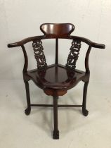 Antique reproduction furniture, faux rose wood Chinese colonial style corner chair with carved