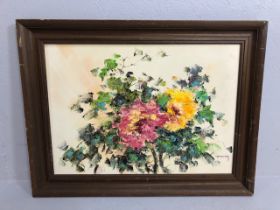 Vintage oil painting on canvas of Peonies signed Tseng in wooden frame approximately 84 x 65