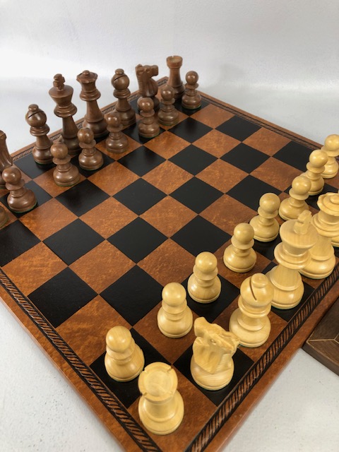 Vintage chess sets, two boxwood chess sets with boards, one approximately 30 x 30cm the other 40 x - Image 3 of 7