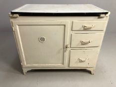 Vintage kitchen unit to include meat safe cupboard, three drawers and a white painted tin top approx