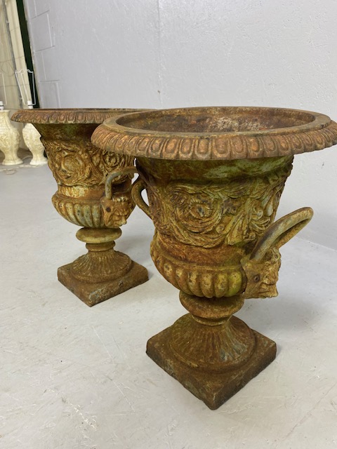 Pair of Wrought Iron Garden Urns with Lion finial handles, flared rims on square bases each approx - Image 9 of 13