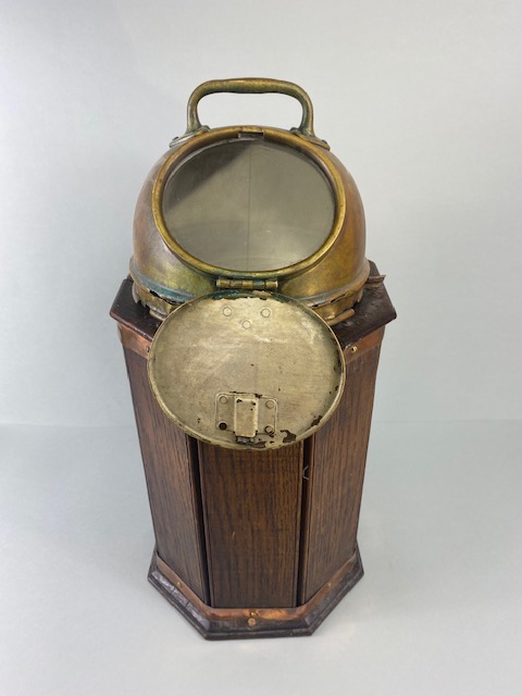 Early 20th century Ships, Marine Binnacle compass, oak cased with brass mounting and hood A.F