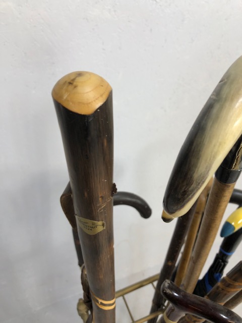 Collection of vintage walking sticks and hiking poles in a Victorian style brass stand 10 items - Image 4 of 12