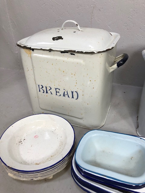 Kitchenalia, quantity of vintage white enamel kitchen items to include 2 bread pins qty of dishes - Image 5 of 6