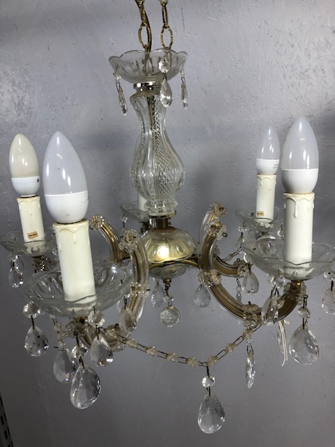 Vintage lighting, pair of five branch glass chandeliers with faux candles - Image 6 of 9