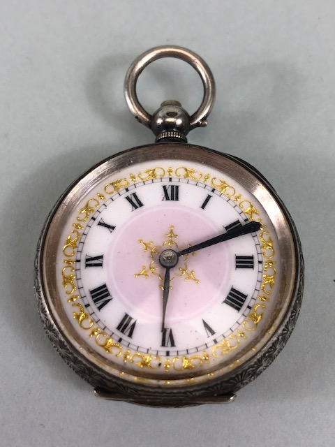 Silver hall marked ladies fob watches one half hunter style with white dial and Roman numerals, - Image 2 of 12