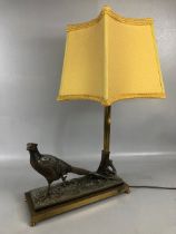 Vintage lighting, 1970s lamp base of a pheasant, cold painted metal and gilt base and original shade