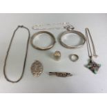 Silver hall marked jewellery and other items to include two bangles, money clip ring heart crystal