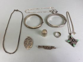 Silver hall marked jewellery and other items to include two bangles, money clip ring heart crystal