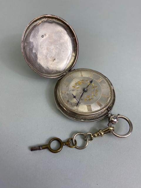 Antique silver hall marked full hunter dress pocket watch, silver face with Roman numerals and - Image 2 of 14