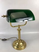 Vintage Lighting, mid century bankers desk lamp, metal base with green glass shade approximately