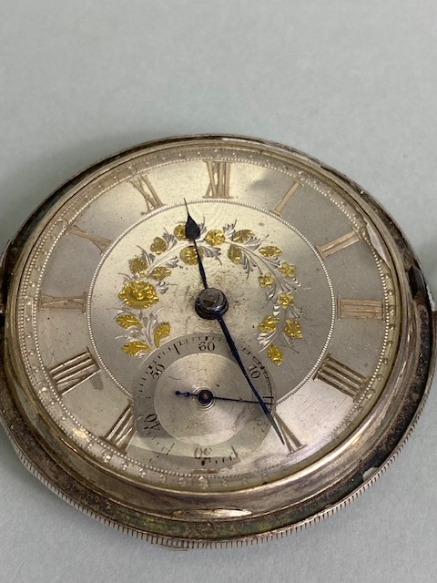 Antique silver hall marked full hunter dress pocket watch, silver face with Roman numerals and - Image 3 of 14