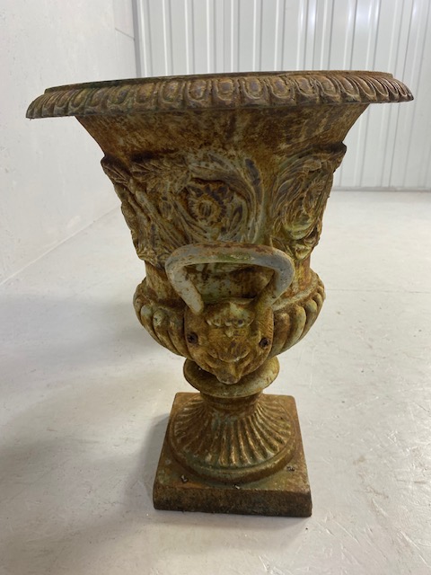 Pair of Wrought Iron Garden Urns with Lion finial handles, flared rims on square bases each approx - Image 6 of 13