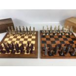 Vintage Chess sets, two composite material Imperial roman chess sets in a wooden cases and Two chess