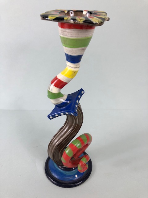 Ross Emerson Art ceramics, being Two twisty candle sticks in multi colour ways approximately 24 - Image 8 of 13