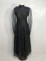 Vintage clothing late 20th century full length evening dress of of black lace with chiffon