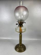 Antique Oil Lamp, Brass twisted column base with clear glass reservoir frosted etched glass shade
