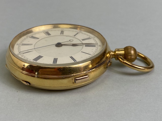 Antique 18ct yellow gold pocket watch cream face with black Roman numerals, 1898, Not running, total - Image 2 of 7